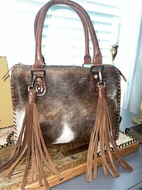 Countryside Co. Leather Cowhide Tassel Satchel Handbag - Brown